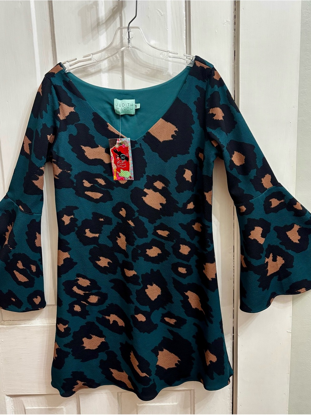 Judith March Teal and Tan Leopard-Print Bell Sleeve Dress
